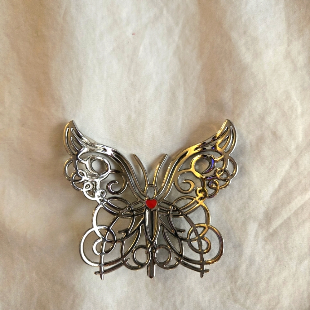 Vintage Silver Tone Metal Butterfly Filigree  Coquette Brooch Red Heart Clip